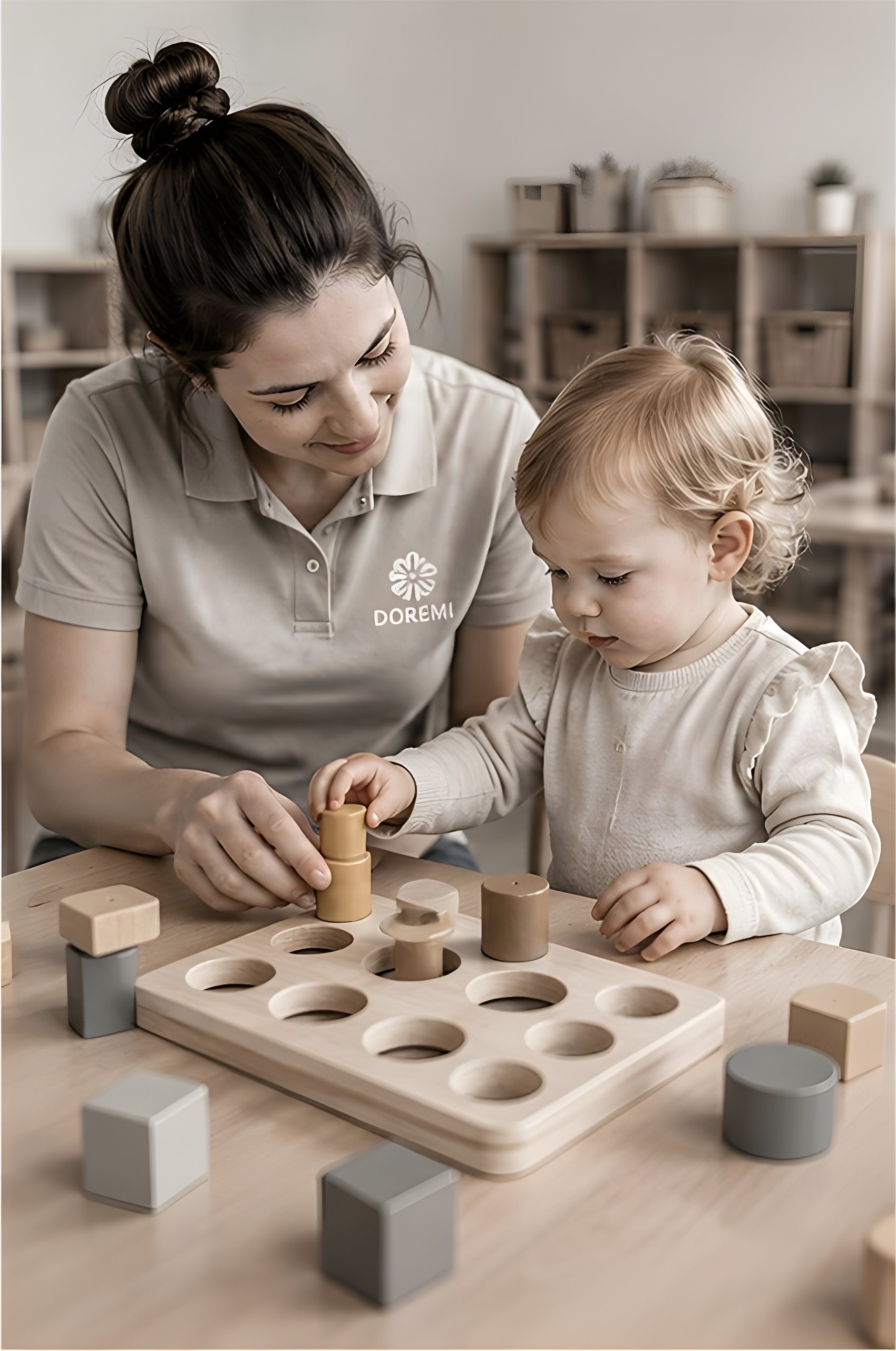 Begeleider in Doremi-polo helpt een peuter met een houten vormenpuzzel