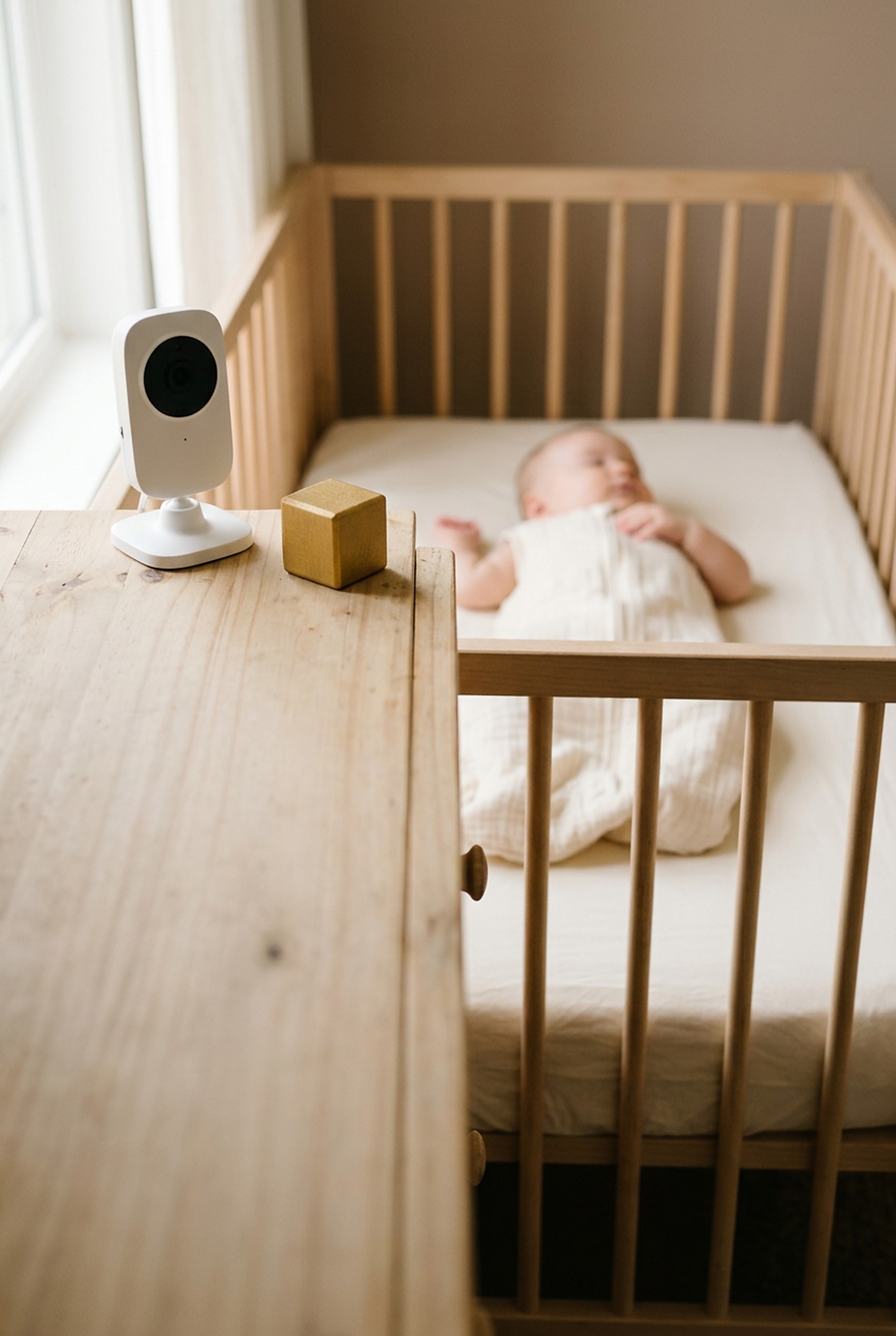 Babyfoon met camera op een commode, met erachter een baby die op de rug slaapt in een slaapzak