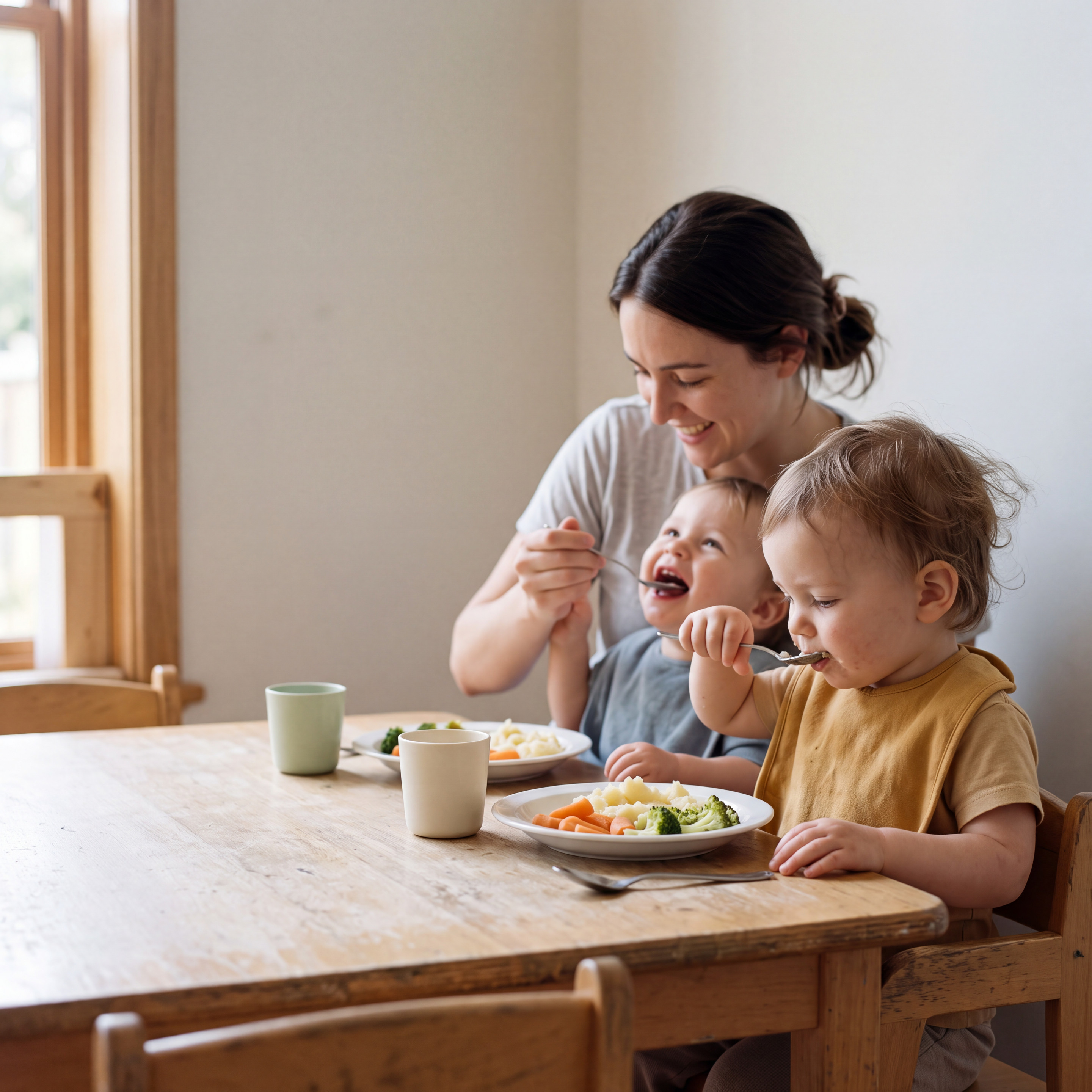 Twee peuters eten aan tafel puree met wortel en broccoli, de begeleider helpt een van hen met de lepel