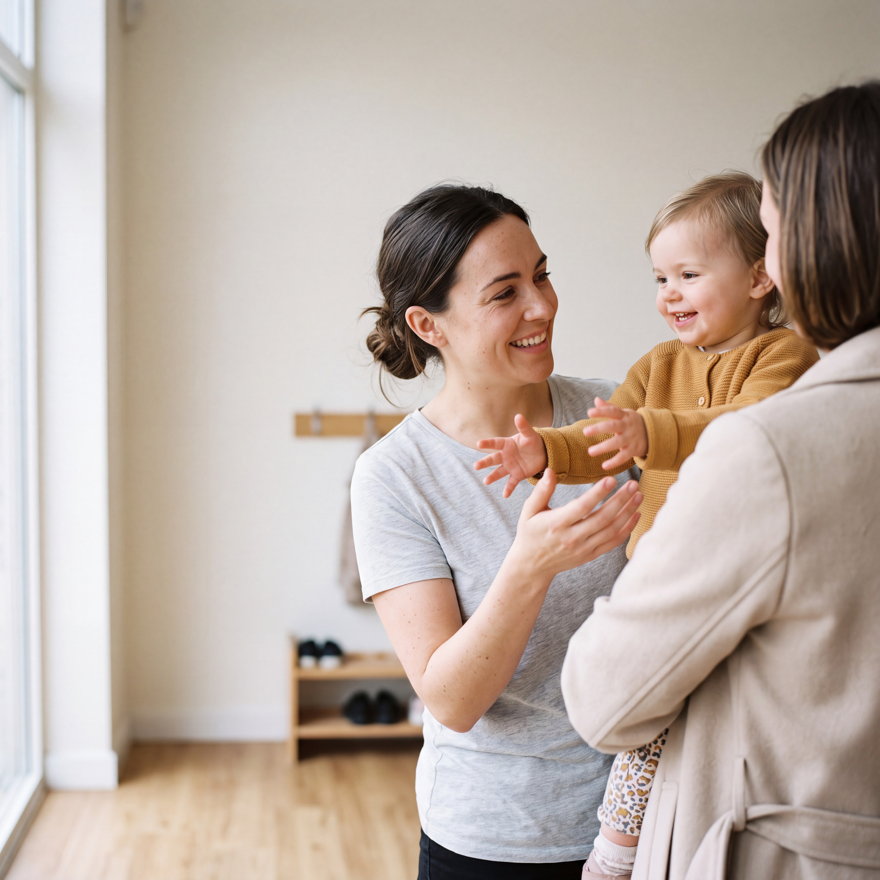 Begeleider verwelkomt lachend een peuter in een okergeel vestje die vanop de arm van mama naar haar reikt