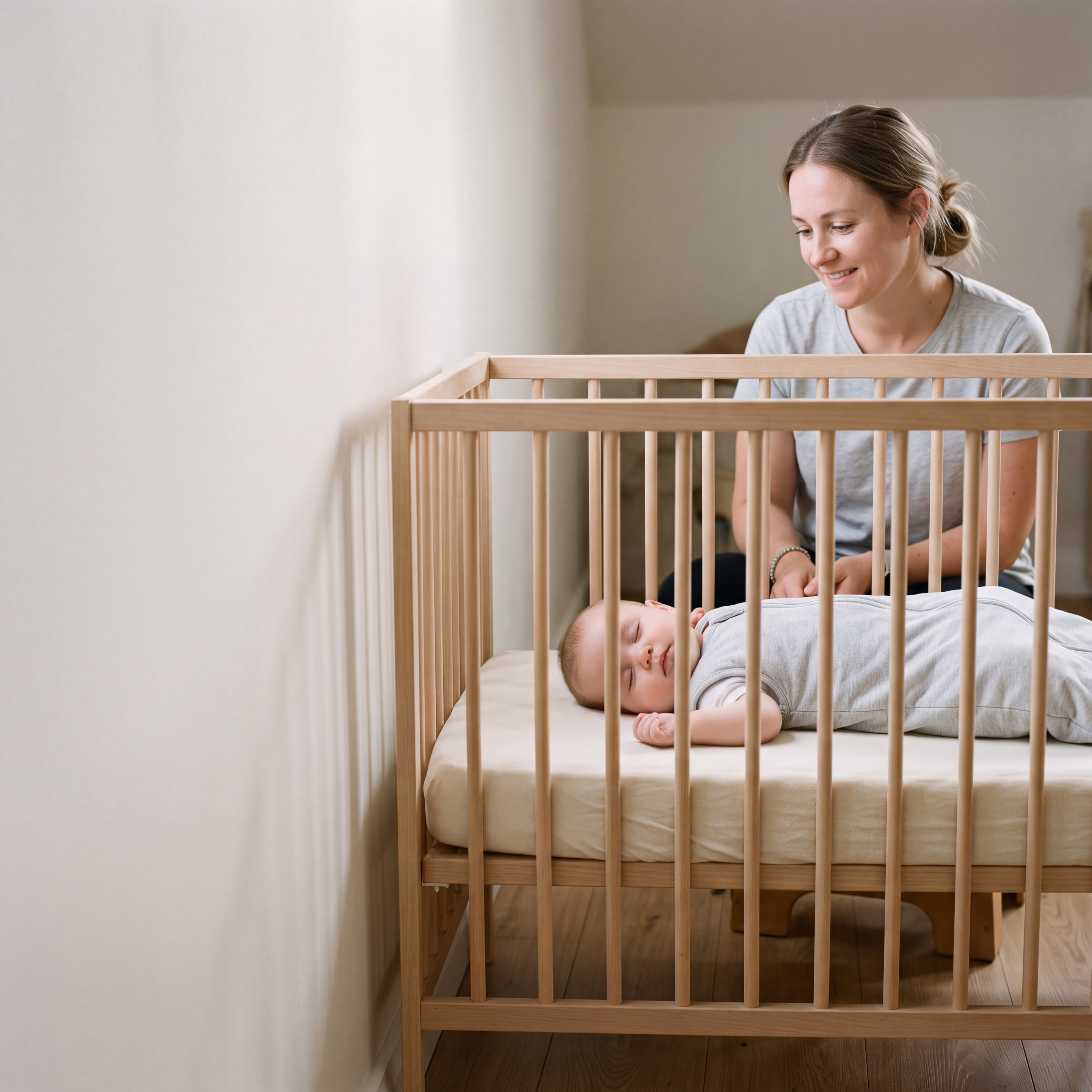 Baby slaapt op de rug in een slaapzak in een leeg houten bedje, de begeleider waakt ernaast