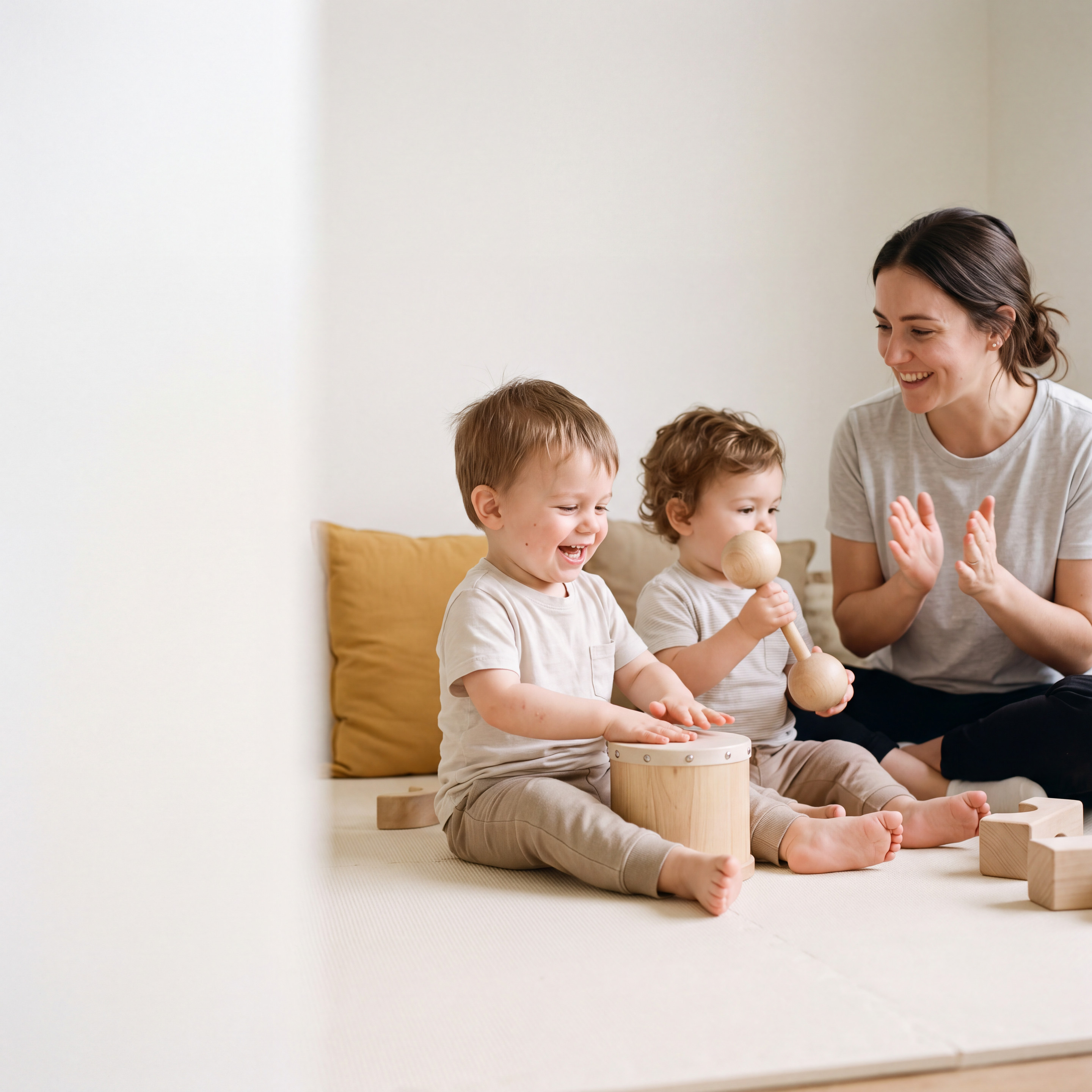 Twee peuters maken muziek met een houten trommel en een houten rammelaar, de begeleider klapt mee