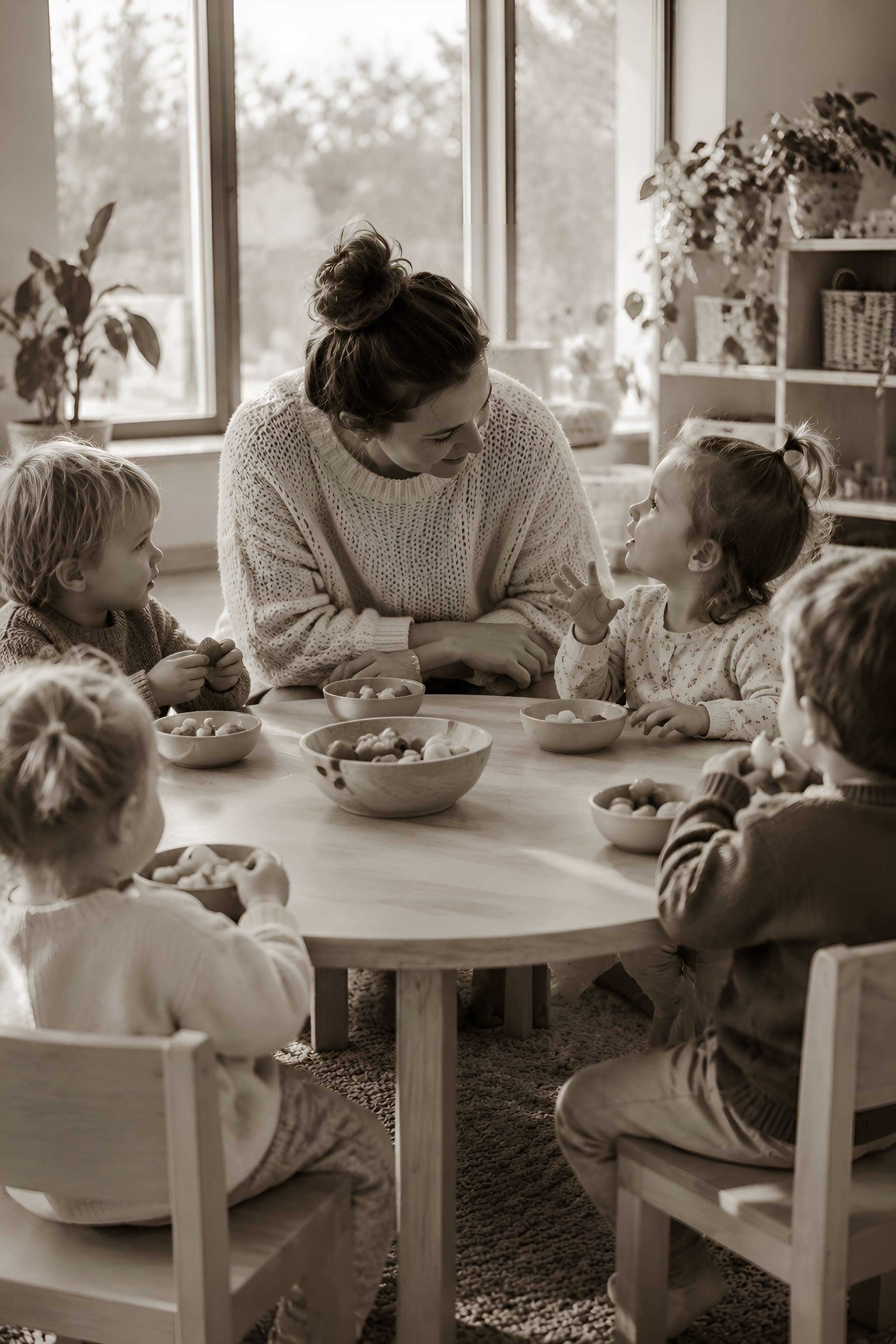 Begeleider eet samen met drie kindjes aan tafel