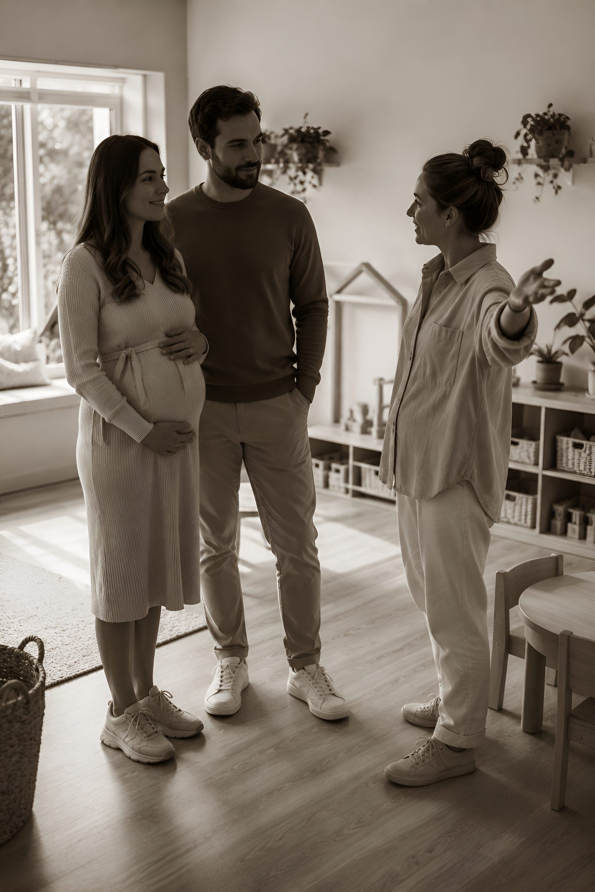 Zwangere mama en papa in gesprek met een begeleider tijdens een rondleiding
