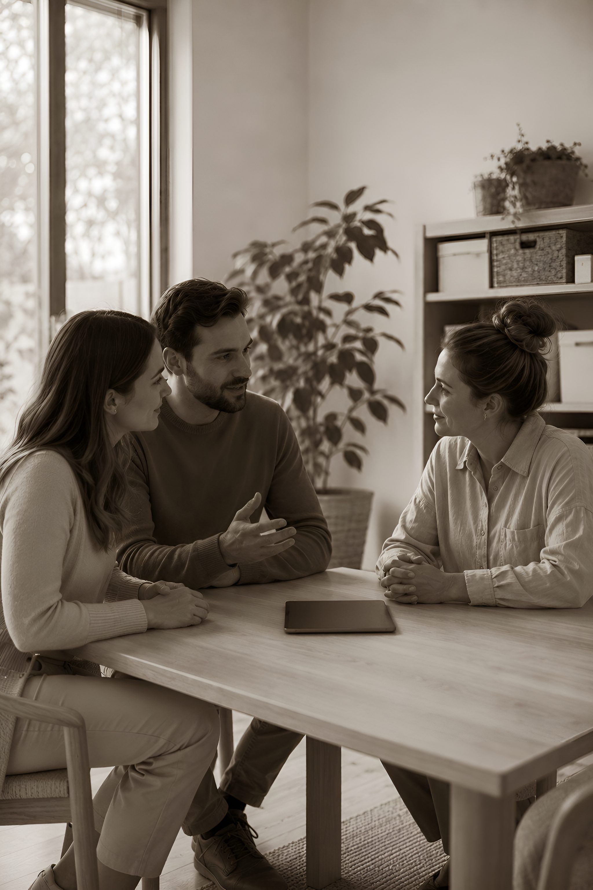 Ouders in gesprek met een begeleider aan tafel