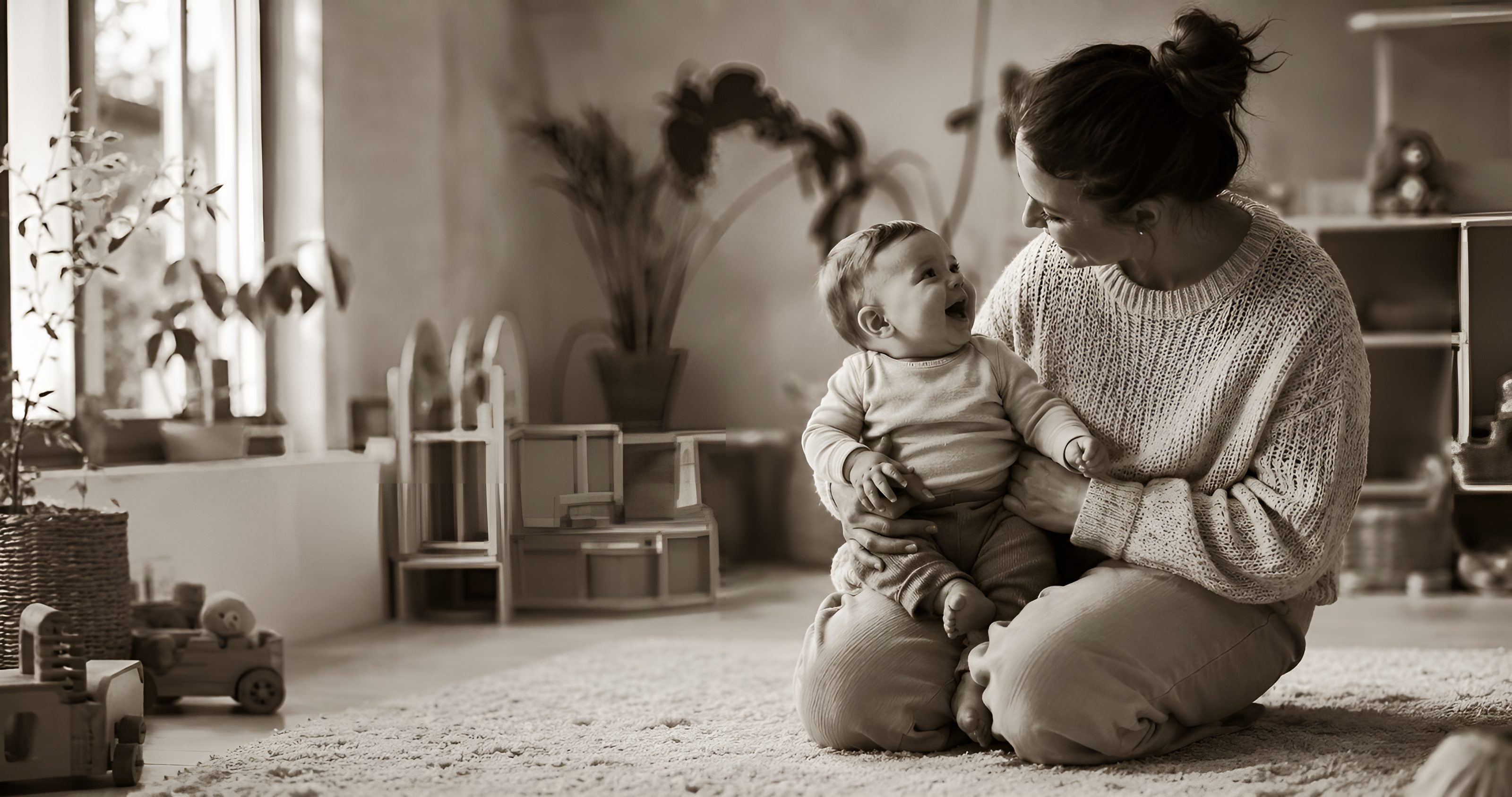 Begeleider zit met een lachende baby op de vloer van de leefruimte, tussen het houten speelgoed