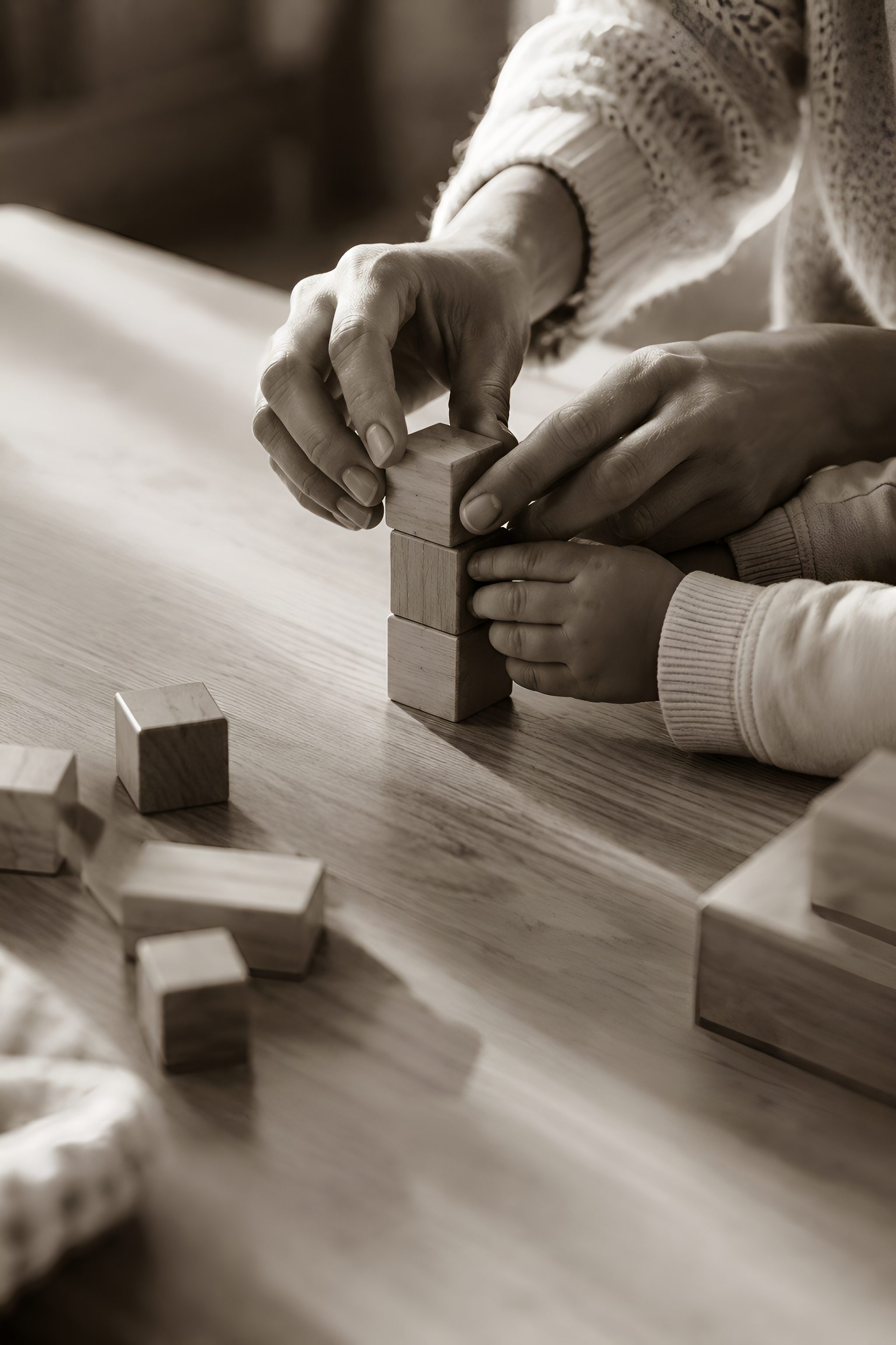 Handen die houten blokjes stapelen op tafel