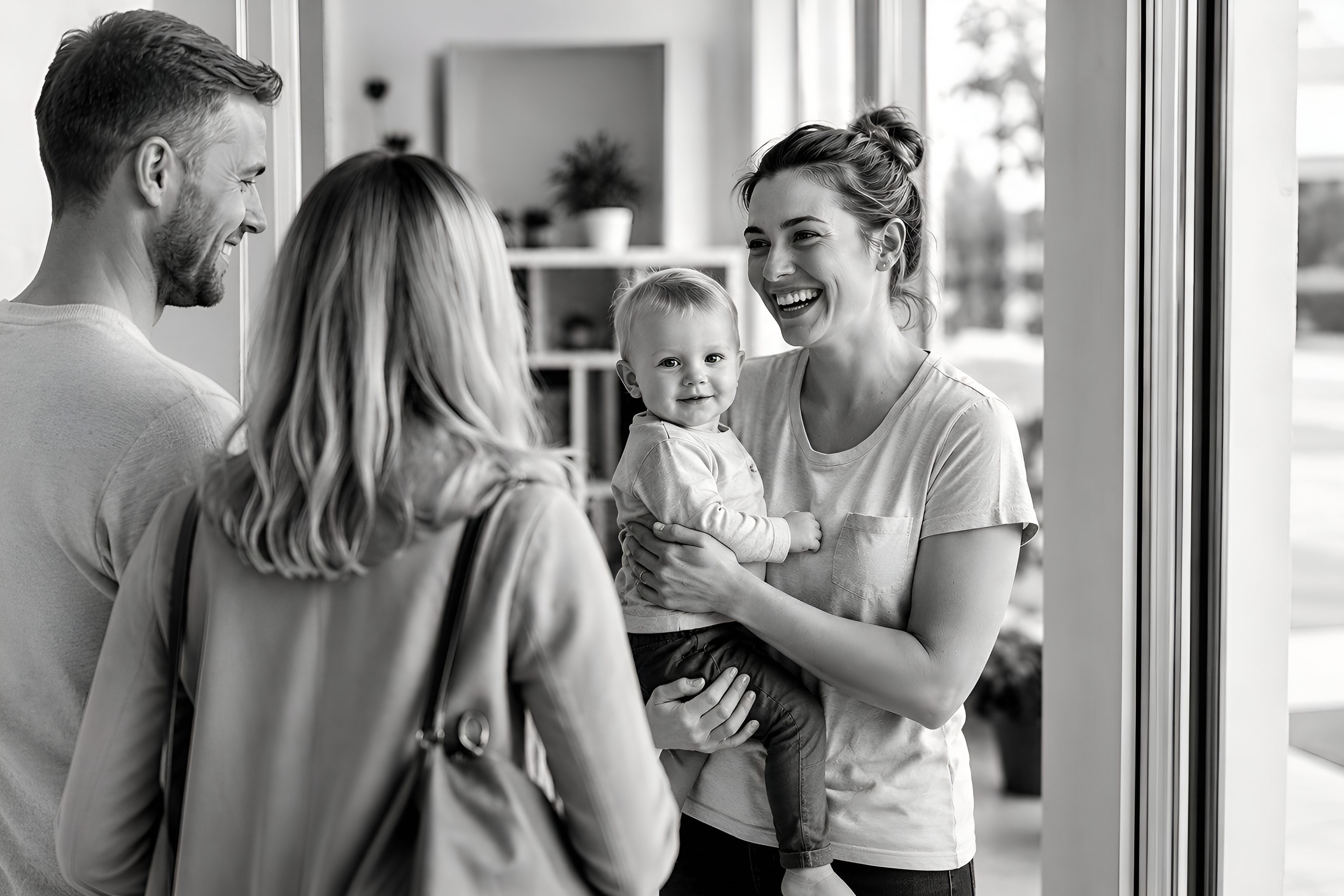 Ouders geven hun baby door aan een lachende begeleider bij het onthaal van Doremi